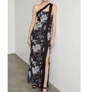 BCBGMaxazria one shoulder floral lace gown